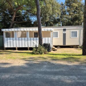 Allée gravillonnée et mobilhome sous les pins du Mobilhome