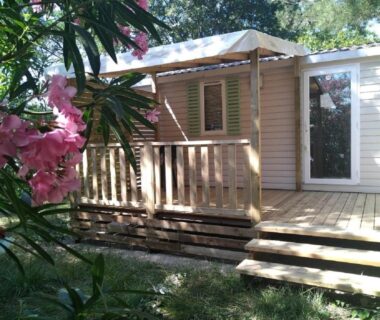 Terrasse en bois ombragée avec fleurs et marches du Mobilhome 228 proche du Lac