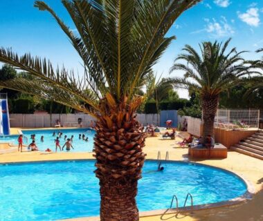 Piscine du camping avec palmiers et toboggan au Mobilhome 3 chambres Clim 6 Personnes