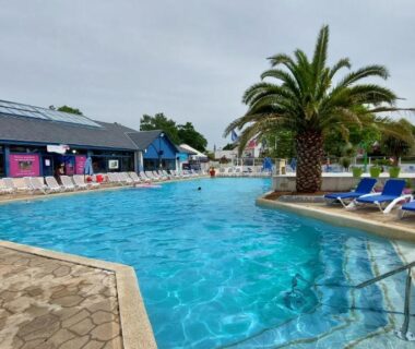Piscine extérieure avec transats et palmier au Mobilhome 3 chambres TV-WIFI-Lave-linge