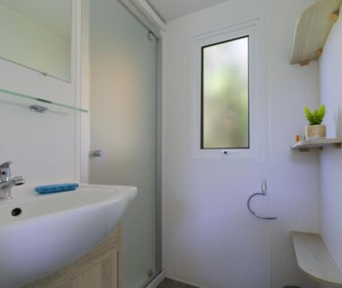 Salle d'eau avec lavabo miroir et cabine de douche du Mobilhome 373