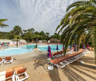 Espace piscine avec transats et palmiers au Mobilhome 6-8 personnes Cap Ferret