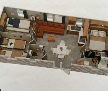 Plan intérieur avec séjour cuisine et trois chambres du Mobilhome 6-8 personnes Clim