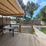 Terrasse ombragée avec table et barbecue du Mobilhome 6 pers 3ch 2SB 2 WC clim lave-vaisselle barbecue sous les pins