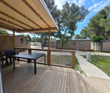 Terrasse ombragée avec table et barbecue du Mobilhome 6 pers 3ch 2SB 2 WC clim lave-vaisselle barbecue sous les pins