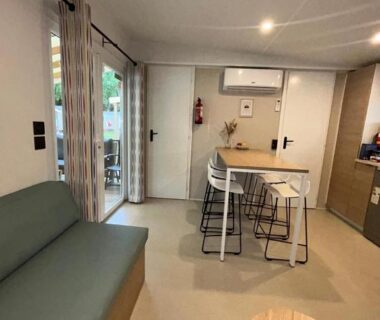 Intérieur avec canapé et coin repas du Mobilhome 6 personnes domaine de la yole