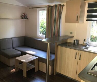 Intérieur avec coin salon et kitchenette du Mobilhome 6 place Aureilhan
