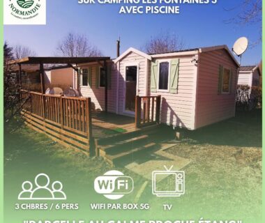 Terrasse et mobilhome sur pelouse au camping Les Fontaines Mobilhome 6P 3CH Nature et Sport
