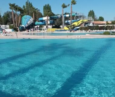 Piscine du camping avec toboggans et palmiers au Mobilhome Camping La Carabasse Vias Plage