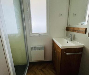 Salle de bain avec douche et lavabo dans le Mobil home Canet en Roussillon