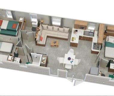 Plan intérieur avec salon cuisine et trois chambres du mobil-home Canet en Roussillon