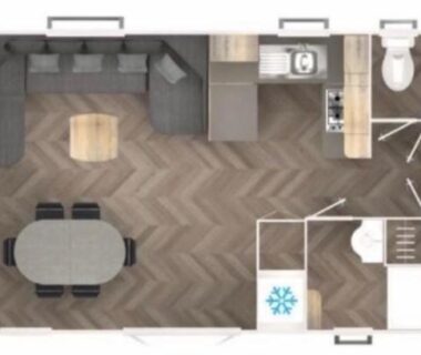 Plan intérieur montrant salon cuisine salles de bain et chambres du Mobilhome La Carabasse Vias Plage