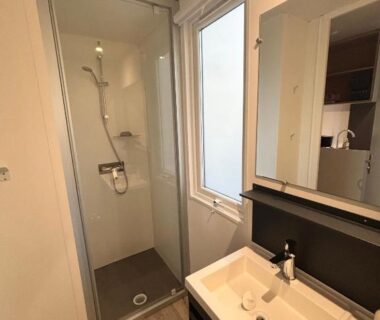 Salle d'eau avec douche vitrée et lavabo dans le Mobilhome ULTIMATE XXL 6p Mayotte Vacances 5
