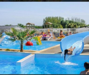 Piscine avec toboggan et palmiers au Mobilhome Vendée Océan