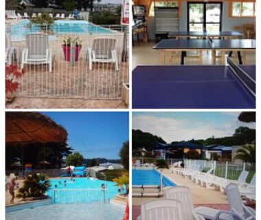 Piscine extérieure avec transats au mobilhome du camping Ernest Renan Louannec