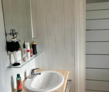 Salle de bains avec lavabo miroir et douche dans le Mobilhome cosy 520