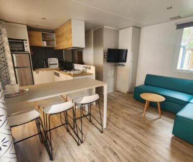 Intérieur avec coin cuisine et salon du Mobilhome dans les Pins