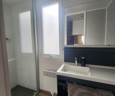Salle de bain avec douche vitrée lavabo et fenêtre du Mobilhome dans les Pins