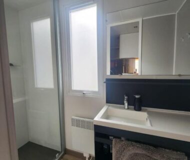 Salle de bain avec douche et lavabo du mobilhome dans les pins Camping Les Oyats