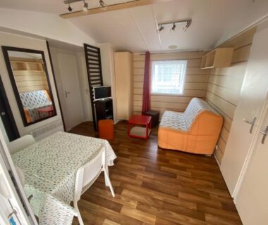 Séjour avec canapé table et télévision dans le mobilhome en Vendée Sud