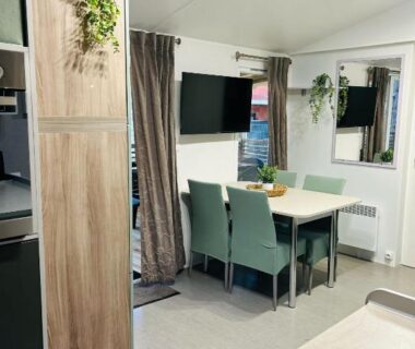 Salon avec coin repas table chaises télévision et plantes dans le Mobilhome la Carabasse 40m2 6-8 personnes