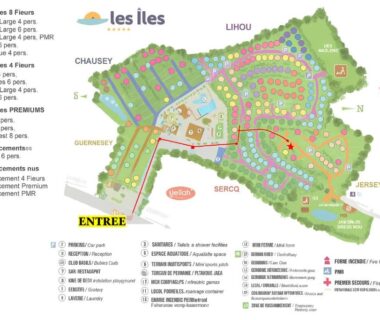 Plan du camping montrant l'emplacement du mobilhome moderne avec grande terrasse et pergola HUDIMESNIL