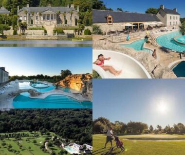 Piscines extérieures toboggans et golf au Mobilhome tout confort R10 domaine de lanniron