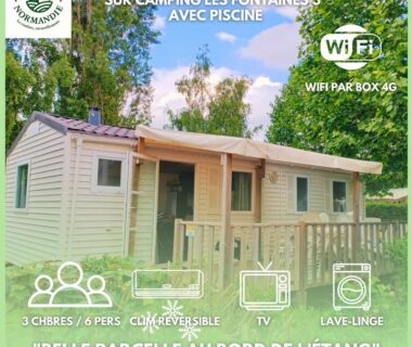 Parcelle au bord de l'étang avec mobilhome et terrasse au Mobilhomes Cozy 2 ou 3 chambres