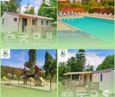 Bord de l'étang avec piscine terrasse et mobilhome du Mobilhomes Cozy 2 ou 3 chambres