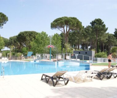 Piscine extérieure avec chaises longues et pins aux Mobilhomes de Pierrot