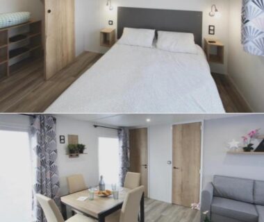 Intérieur de mobilhome avec chambre et coin repas au Mobilhomme camping
