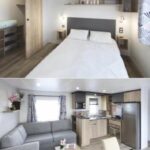 Intérieur chambre séjour et kitchenette dans le Mobilhomme camping