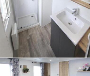 Salle de bain et coin repas dans le Mobilhomme camping