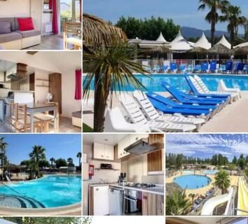Piscine extérieure avec transats et mobil-homes au camping Mobilhomme
