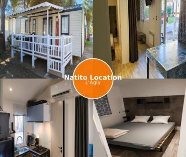 Terrasse ombragée kitchenette et chambre dans le mobil home NATITOLOCATION Mobile Home Camping 4etoiles Saint Cyprien