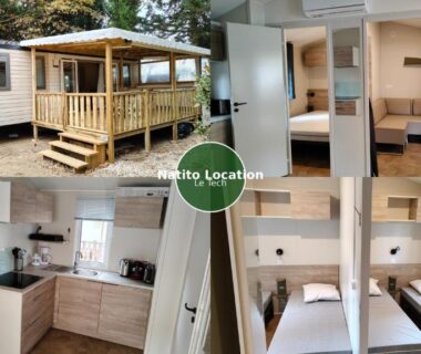 Terrasse en bois et intérieur équipé du mobil home NATITOLOCATION