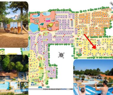 Plan du camping et piscine avec toboggan et aire de jeux au mobile home Naphtase MH334S Pins Calmes Ménage inclus