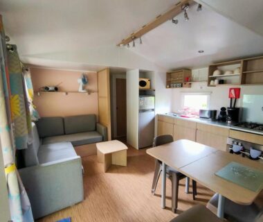 Intérieur avec salon, coin repas et kitchenette dans l'hébergement Nat & Mayou