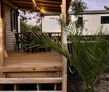 Terrasse en bois avec plante et mobil-home au camping On est trop bien ici