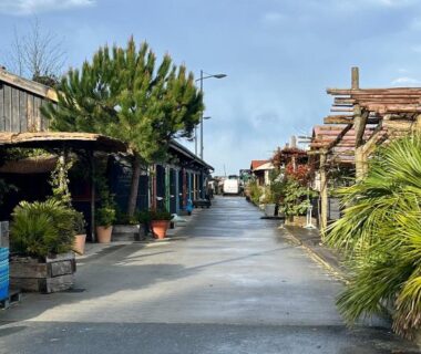 Allée centrale bordée de chalets dans le camping On est trop bien ici
