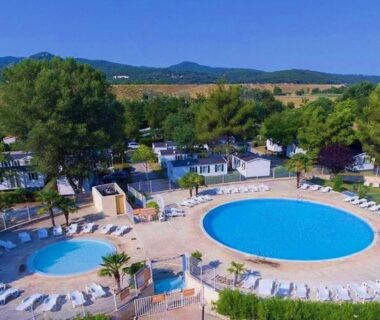 Espace piscine avec grand bassin et pataugeoire au milieu des pins du camping PARADIS-ZEN