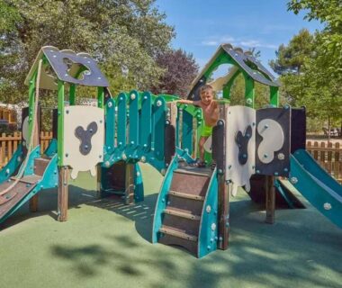 Aire de jeux avec toboggans sous les arbres au camping PARADIS-ZEN