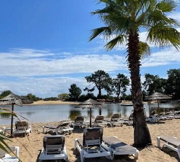 Bord d'eau avec transats et palmiers au camping Parenthèse nature au Cap Ferret