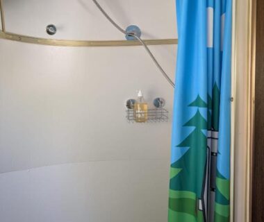 Douche avec rideau à motifs dans l'hébergement Pooh’s Belle