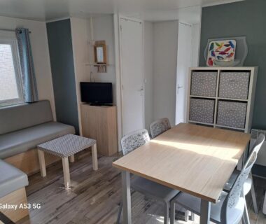 Séjour avec table à manger canapé et télévision dans le RIVA BELLA Lodge 171