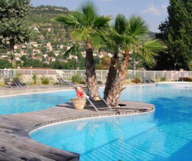 Piscine extérieure avec palmiers et terrasse à la Résidence Lagrange Vacances – Les Cottages Varois