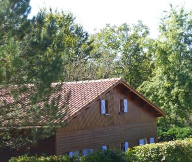 Chalet en bois entouré d'arbres à la Résidence les chênes