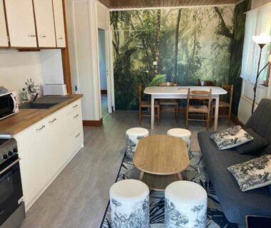 Séjour avec kitchenette et canapé dans la Résidence les chênes