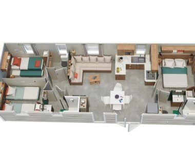 Plan intérieur du mobil home 3 chambres 2 salles de bain du SC L'Aventura 3 ch 2 SDB tout confort