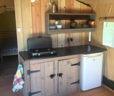 Coin cuisine avec plan de travail réfrigérateur et barbecue dans le SafariLodge 6 persoons